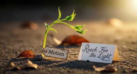 Young plant growing towards the light with words of inspiration