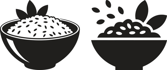 Two bowls of rice with leaves and falling grains