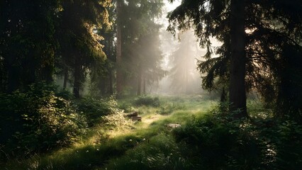 Obraz premium Sunlit mist in a dense forest; a narrow grassy path winds between tall trees with beams of light filtering through. Concept Misty forest with sunlit beams, Narrow grassy path through tall trees