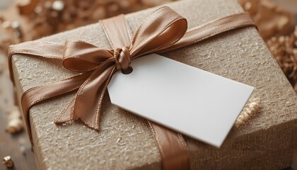 Gift Box with Tag: An elegant gift box adorned with a satin ribbon and a blank tag, perfect for conveying a heartfelt message. conveying the charm of thoughtful giving, the allure of anticipation.