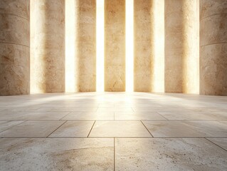 A serene space with illuminated columns and a polished floor, creating an atmosphere of elegance and tranquility.