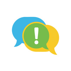Two chat bubbles, one blue and one yellow, with a green bubble containing an exclamation mark.