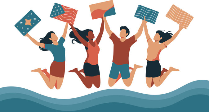 Diverse Group Jumping Over Water Holding Illustrated Art Pieces, Flags, Rectangles Up High