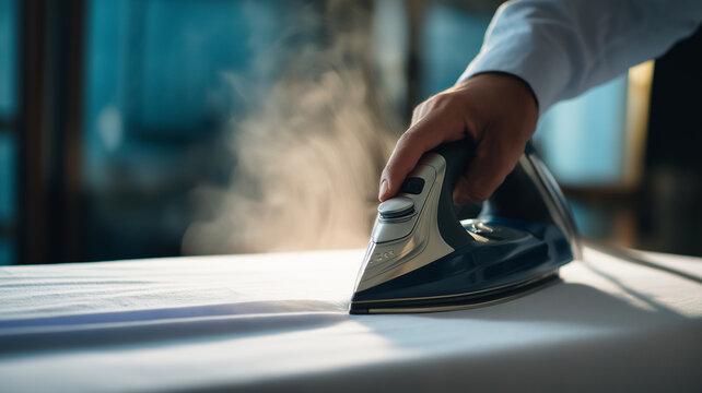 Steam iron gently presses white shirt collar, releasing steam in sunlit room, creating smooth and crisp finish. scene conveys sense of calm and precision