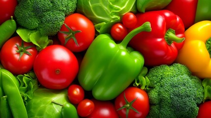 Assorted fresh vegetables including tomatoes, peppers, broccoli, and lettuce