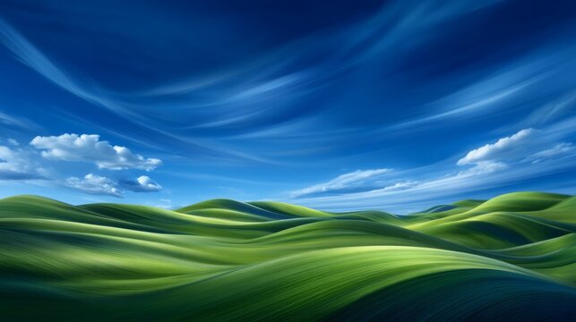 Vibrant green fields under a clear blue sky with wispy clouds