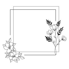 Floral black and white frame of twigs, leaves and flowers. Frames for the Valentine's day, wedding decor, logo and identity template.
