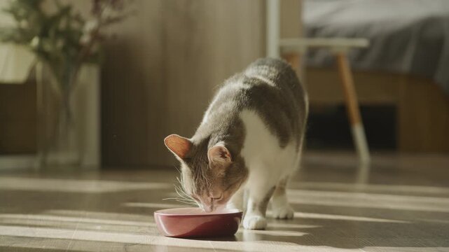 Cat eating from food bowl indoors