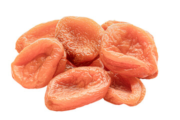 Orange delicious large dried apricots in a pile, isolate on a white background for layouts and designs