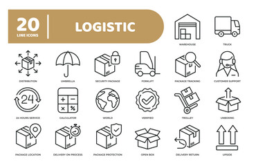 Set of collection line icons related logistic, cargo. Editable stroke. Perfect pixel on transparent background