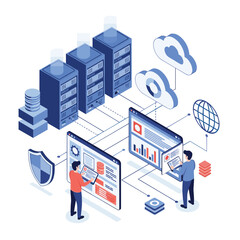 Modern cloud computing architecture with servers databases and analytics platforms.