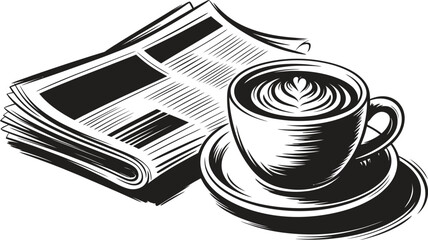 Hand drawn illustration of a coffee cup and newspaper on a saucer