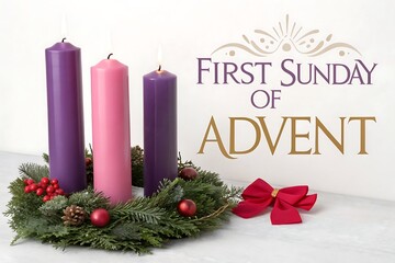 Advent Wreath With Candles And Red Bow Celebrating First Sunday Of Advent

