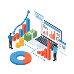 Analyzing financial data and business growth using charts and graphs on a laptop.
