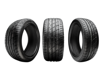 Three summer sports road tires for cars presentation. Isolate for layouts and design, relevant for the tire business of tire fitting and delivery, seasonal wheel replacement