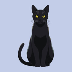 Elegant sitting black cat with bright yellow eyes, Halloween vector illustration