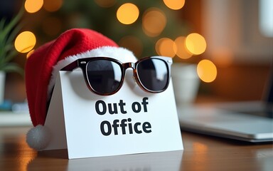A playful "Out of Office" note displayed on a desk, adorned with a cute hat and sunglasses, capturing the festive spirit of a holiday break amidst a warm and cozy workspace setting. High quality