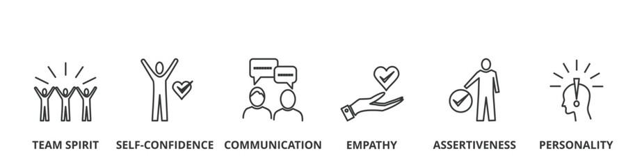 Soft-skills banner vector illustration concept with icon of team spirit, self-confidence, communication, empathy, assertiveness, and personality