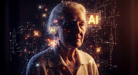 An elderly woman's face overlaid with glowing digital circuits and "AI" symbols, representing the intersection of humanity and artificial intelligence.