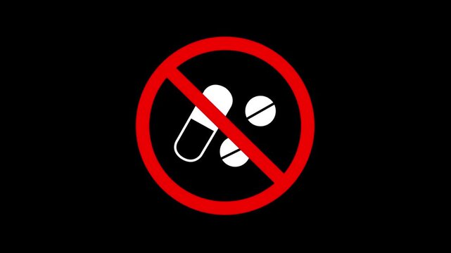 No Drugs Prohibition Sign Animation. Animated of a no-drugs-allowed symbol featuring pills with a prohibition. Represents the concept of drug prevention, health, anti-addiction campaigns, life-saving.