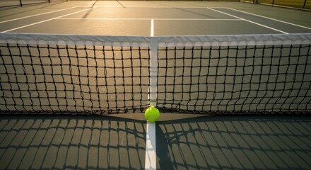 Tennis court bathed in soft sunlight, a solitary ball resting on the white line near the net, awaiting play