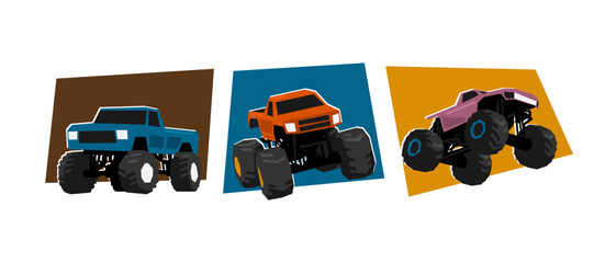 Set of monster truck. Off-road vehicles. Flat vector illustration.