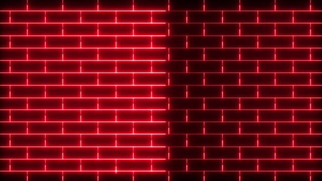 glowing red Neon lines brick wall on black background. abstract neon line texture of brick wall. neon line brick wall. 4k motion graphics video.