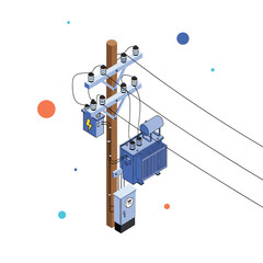 An illustration of an electricity distribution pole with transformers and insulators.