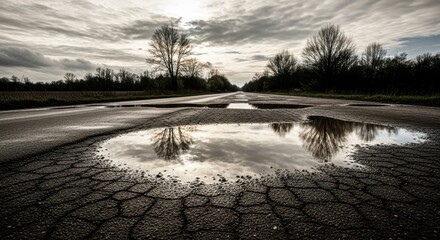 Puddles on cracked asphalt road reflecting trees under cloudy sky