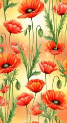 Fototapeta premium Watercolor Poppy Flowers Pattern Vibrant Red Blooms and Botanical Design