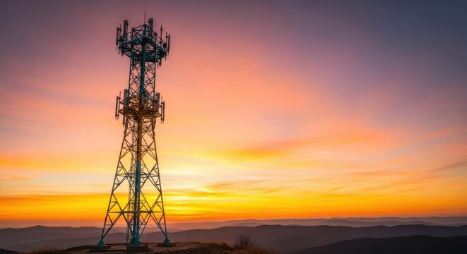 Telecommunications tower silhouetted against a vibrant sunset sky