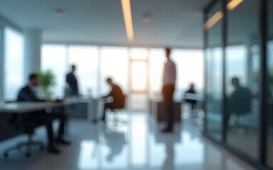 Abstract blurred interior modern office space with business people working banner background with copy space. High quality