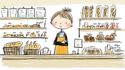 パン屋で働く店員さんのイラスト