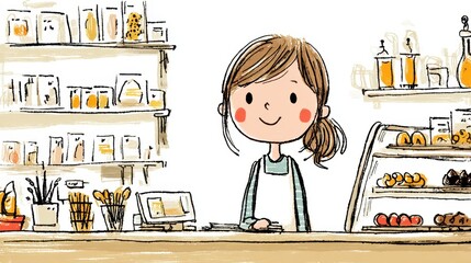 パン屋で働く店員さんのイラスト