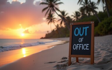 Out of office chalkboard on a tropical beach during sunset. High quality