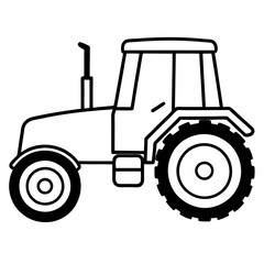 Simple black and white line art icon of a modern agricultural tractor