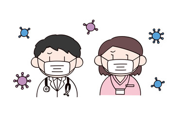 マスクする医者と看護師　男女2人のイラスト