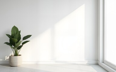An office interior with a clear white wall for mockups next to a potted plant, showcasing a modern clean design. Generative AI. High quality