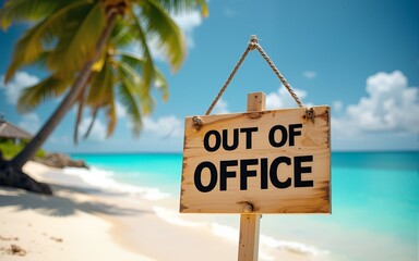 Out of Office wooden sign on tropical beach with palm trees. High quality