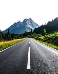 Fototapeta premium An open road stretches towards a mountain range under a bright sky. Lush greenery lines the asphalt. The route is straight