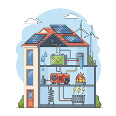 Illustrating a home's sustainable energy system featuring solar and wind power generation storage and heating solutions.