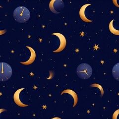 Fototapeta premium Seamless pattern of clocks, moons, and stars on a dark background
