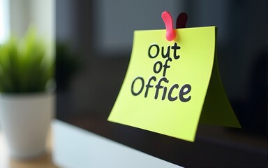 A sticky note with Out of Office on a computer monitor with a plant nearby, illustrating an absence notice in an office or workspace. High quality
