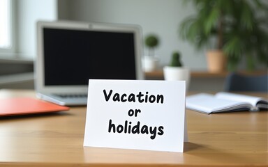 Office table with the message: Vacation or holidays written on a note. Laptop and office supplies on blurred background. Out of the office. High quality