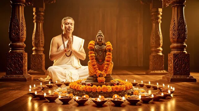 Devotee Meditating Near Lord Vishnu Idol During Auspicious Vishnu Ekadashi Festival Celebrations with Diyas and Marigold Garlands - Powered by Adobe