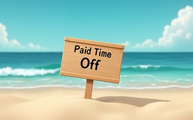 out of office written on sign board on sandy beach, Paid Time Off, vacation concept- vector illustration. High quality