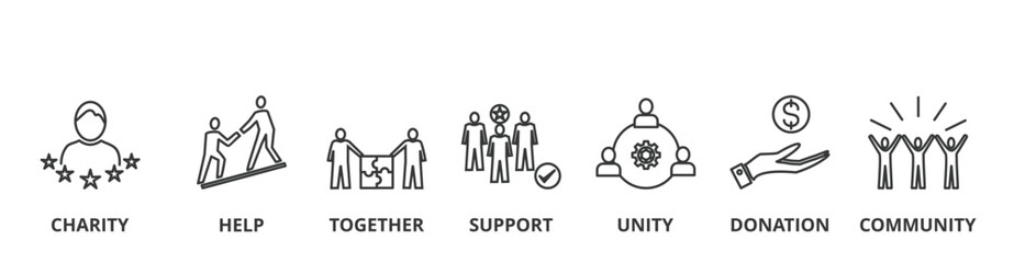 Volunteering banner vector illustration concept with icon of charity, help, together, support, unity, donation, and community