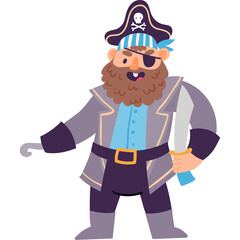 Cartoon Pirate Character with Eyepatch Hook and Sword on White Background Full Body Portrait