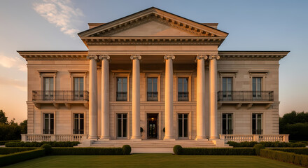 A grand classical mansion with a large portico and columns, set against a warm evening sky with manicured lawns and hedges.