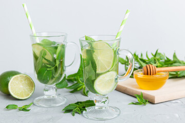 Mojito cocktail. Refreshing mojito cocktail with lime, lemon and mint in a tall glass with a stick